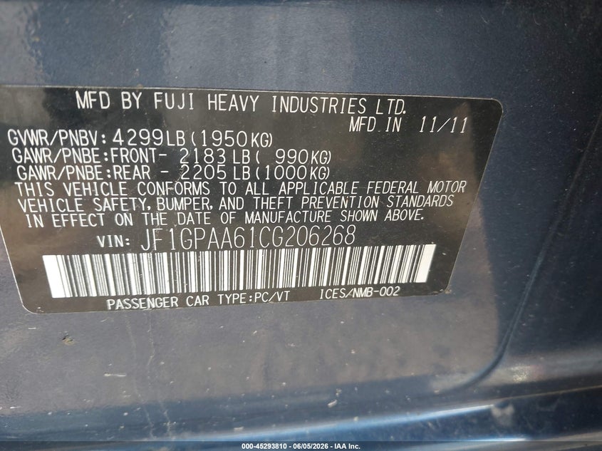 2012 Subaru Impreza VIN JF1GPAA61CG206268 IAAI salvage auction — SIDE, Salvage (Minnesota), sold $800 on 2026-08-30 (photo 9)