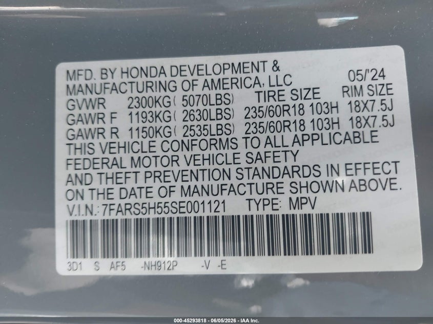 2025 Honda Cr-v VIN 7FARS5H55SE001121 IAAI salvage auction — LEFT SIDE, Salvage Title, sold $10,850 on 2026-07-23 (photo 9)