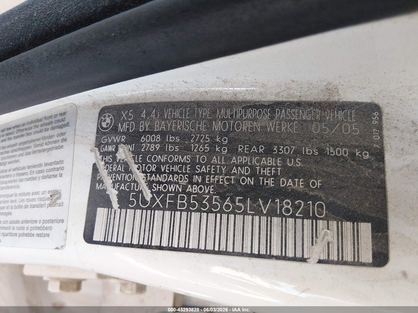 2005 BMW X5 VIN 5UXFB53565LV18210 IAAI salvage auction — NORMAL WEAR, Regular (Nevada), sold $175 on 2026-07-17 (photo 9)