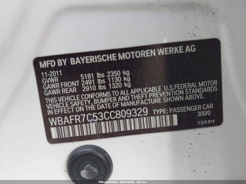 2012 BMW 5er VIN WBAFR7C53CC809329 IAAI salvage auction — REAR END, Salvage Title, sold $1,650 on 2026-07-08 (photo 9)