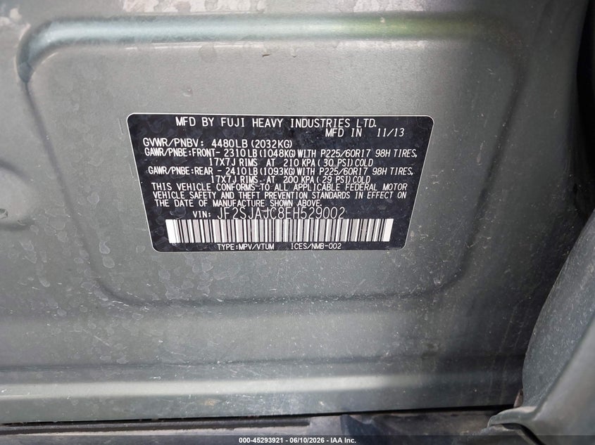 2014 Subaru Forester VIN JF2SJAJC8EH529002 IAAI salvage auction — SIDE, Certificate Of Title (Nebraska), sold $925 on 2026-07-30 (photo 9)
