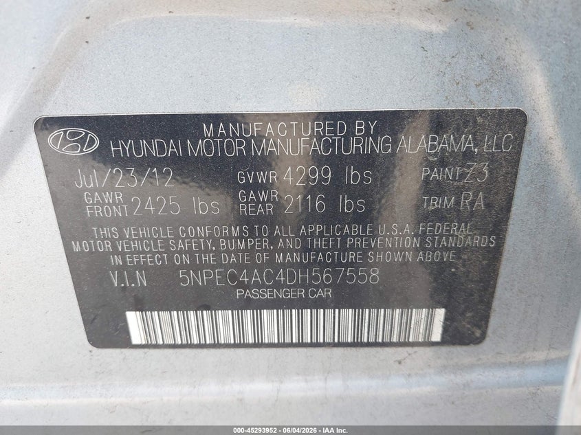 2013 Hyundai Sonata VIN 5NPEC4AC4DH567558 IAAI salvage auction — FRONT END, Salvage Title, sold $1,200 on 2026-07-15 (photo 9)