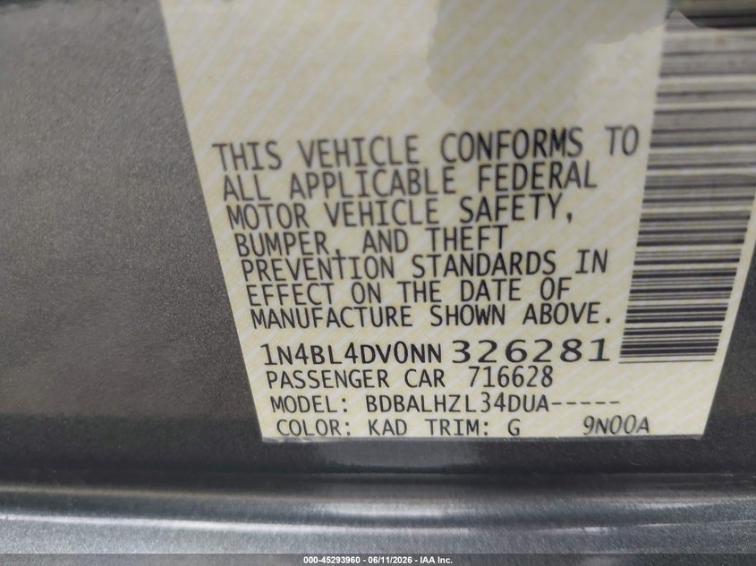 2022 Nissan Altima VIN 1N4BL4DV0NN326281 IAAI salvage auction — HAIL, Original (Texas), sold $7,950 on 2026-09-02 (photo 9)