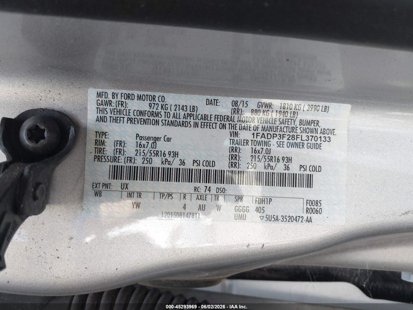 2015 Ford Focus VIN 1FADP3F28FL370133 IAAI salvage auction — FRONT & REAR, Salvage (Oregon), sold $525 on 2026-07-09 (photo 9)