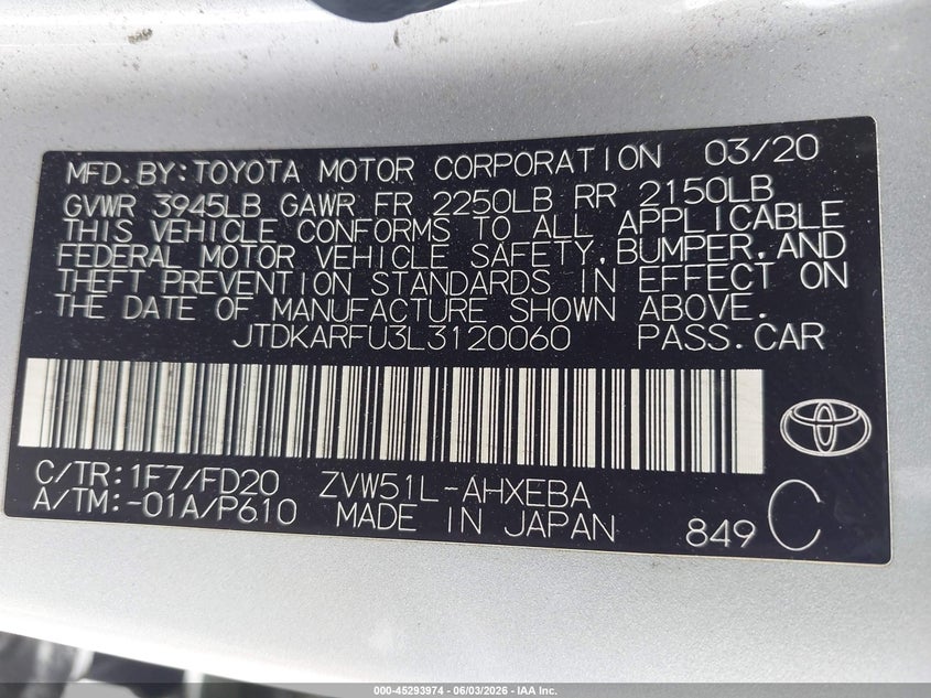 2020 Toyota Prius VIN JTDKARFU3L3120060 IAAI salvage auction — LEFT REAR, Salvage Title, sold $3,550 on 2026-07-15 (photo 9)