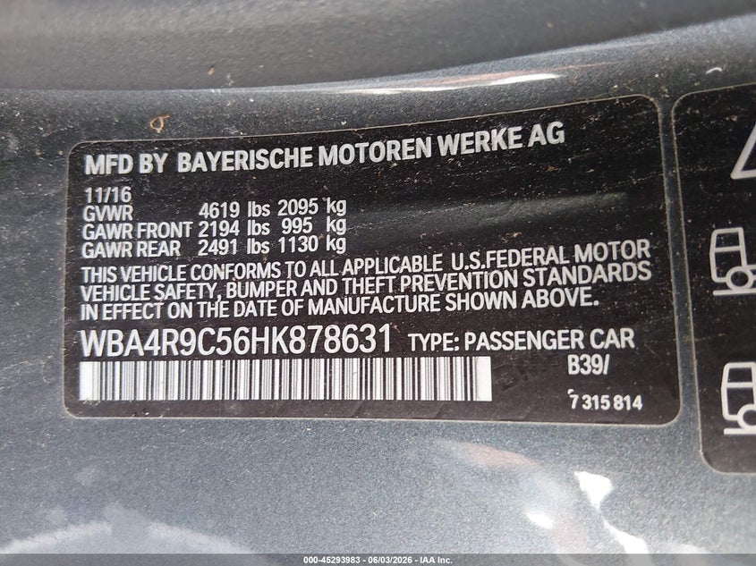 2017 BMW 4er VIN WBA4R9C56HK878631 IAAI salvage auction — LEFT FRONT, Clear (New Jersey), sold $2,025 on 2026-07-27 (photo 9)