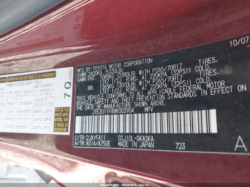 2008 Toyota Fj cruiser VIN JTEZU11F88K002904 IAAI salvage auction — NORMAL WEAR, Repossession Paperwork (Georgia), sold $3,900 on 2026-07-06 (photo 9)