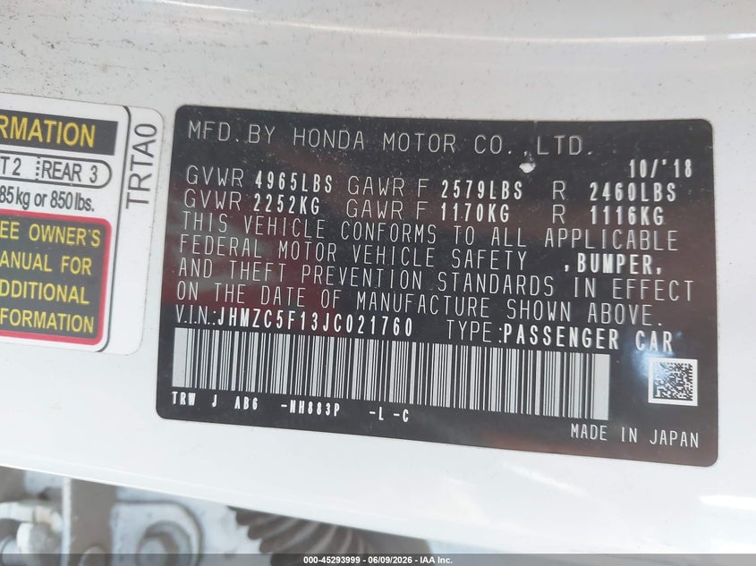 2018 Honda Clarity VIN JHMZC5F13JC021760 IAAI salvage auction — FRONT END, Salvage Title, sold $2,825 on 2026-07-09 (photo 9)