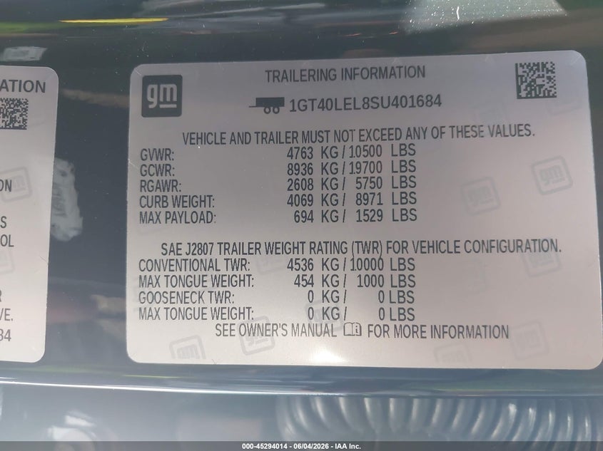 2025 Gmc SIERRA VIN 1GT40LEL8SU401684 IAAI salvage auction — REAR END, Salvage Title, sold $38,600 on 2026-08-19 (photo 9)