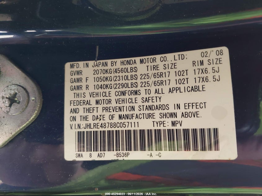 2008 Honda Cr-v VIN JHLRE48788C057111 IAAI salvage auction — ROLLOVER, Clear (Montana), sold $25 on 2026-07-29 (photo 9)