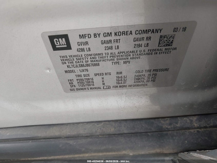2018 Chevrolet Trax VIN KL7CJLSB6JB676868 IAAI salvage auction — LEFT SIDE, Salvage Title, sold $1,450 on 2026-07-07 (photo 9)