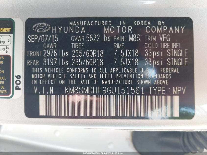 2016 Hyundai Santa fe VIN KM8SMDHF9GU151561 IAAI salvage auction — NORMAL WEAR, Clear (Pennsylvania), sold $1,700 on 2026-07-07 (photo 9)