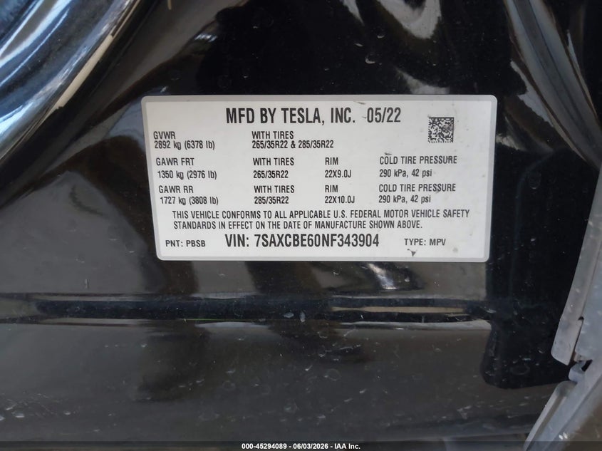2022 Tesla Model x VIN 7SAXCBE60NF343904 IAAI salvage auction — LEFT SIDE, Salvage Title, sold $14,300 on 2026-07-30 (photo 9)