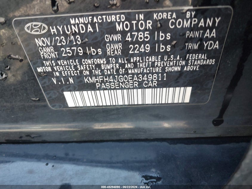 2014 Hyundai Azera VIN KMHFH4JG0EA349811 IAAI salvage auction — LEFT FRONT, Salvage (North Carolina), sold $1,300 on 2026-07-31 (photo 9)