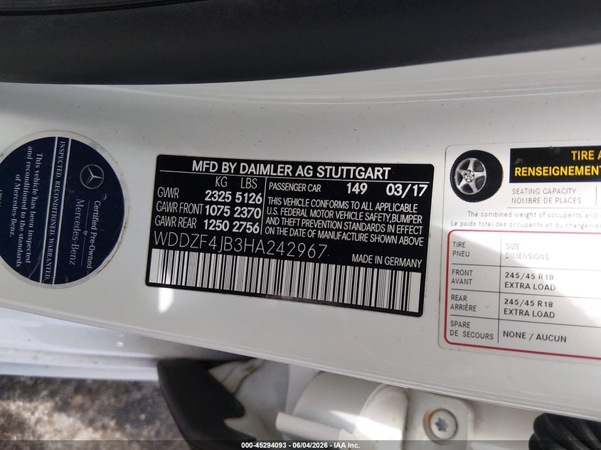 2017 Mercedes-benz E-klasse VIN WDDZF4JB3HA242967 IAAI salvage auction — FRESH WATER, Salvage Title, sold $3,650 on 2026-07-13 (photo 9)