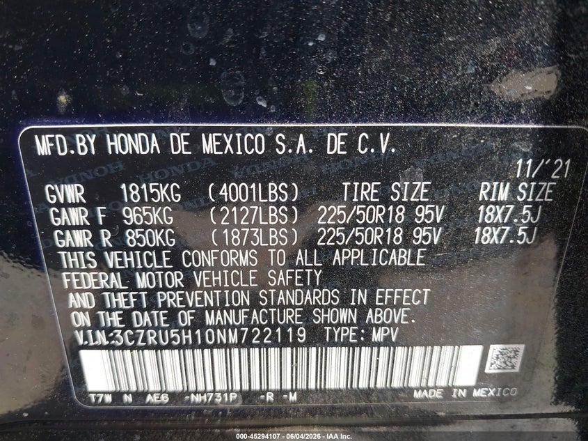 2022 Honda Hr-v VIN 3CZRU5H10NM722119 IAAI salvage auction — FRONT END, Salvage Title, sold $4,250 on 2026-07-10 (photo 9)