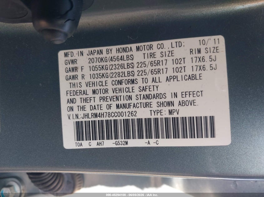 2012 Honda Cr-v VIN JHLRM4H78CC001262 IAAI salvage auction — REAR END, Salvage Title, sold $2,625 on 2026-07-08 (photo 9)
