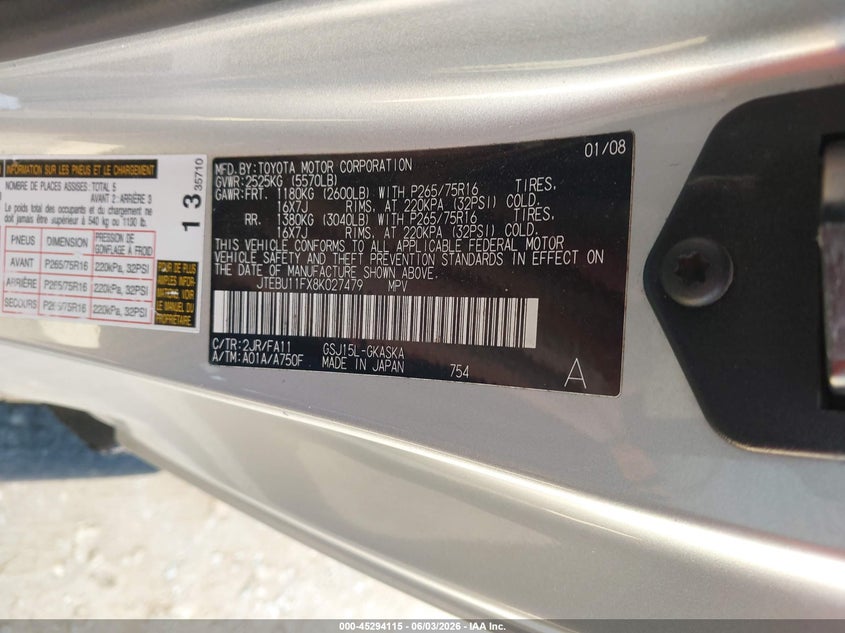 2008 Toyota Fj cruiser VIN JTEBU11FX8K027479 IAAI salvage auction — HAIL, Clear (Missouri), sold $4,875 on 2026-07-30 (photo 9)