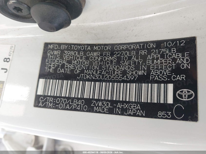 2013 Toyota Prius VIN JTDKN3DU2D5554397 IAAI salvage auction — FRONT END, Salvage Title, sold $1,450 on 2026-07-23 (photo 9)