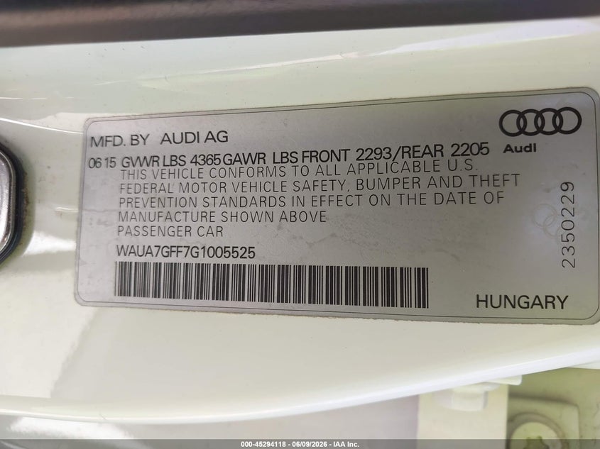 2016 Audi A3 VIN WAUA7GFF7G1005525 IAAI salvage auction — FRONT END, Salvage Title, sold $1,875 on 2026-07-15 (photo 9)