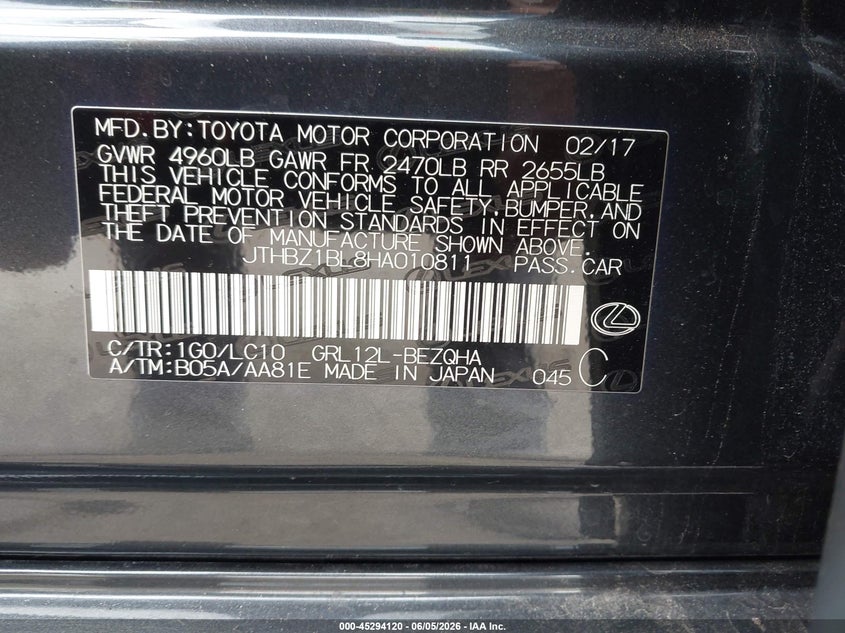 2017 Lexus Gs VIN JTHBZ1BL8HA010811 IAAI salvage auction — FRONT END, Salvage Title, sold $13,000 on 2026-07-29 (photo 9)