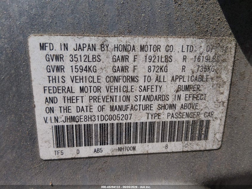 2013 Honda Fit VIN JHMGE8H31DC005207 IAAI salvage auction — FRONT END, Salvage (New Jersey), sold $950 on 2026-07-31 (photo 9)