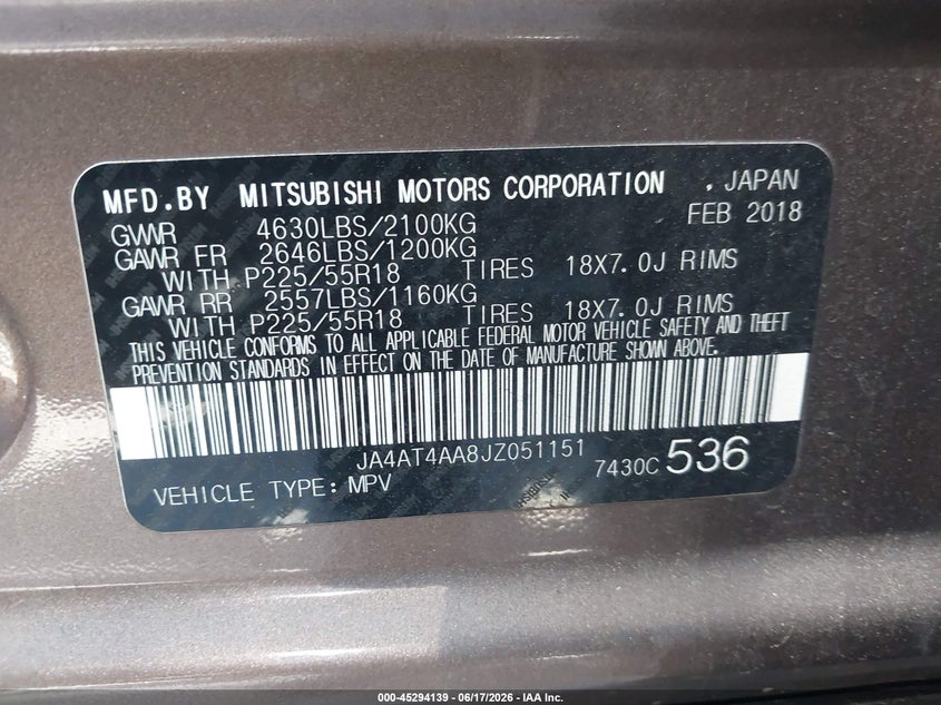 2018 Mitsubishi Eclipse cross VIN JA4AT4AA8JZ051151 IAAI salvage auction — RIGHT SIDE, Salvage Certificate (California), sold $2,300 on 2026-07-29 (photo 9)