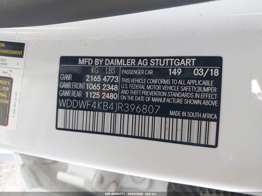 2018 Mercedes-benz C-klasse VIN WDDWF4KB4JR396807 IAAI salvage auction — FRONT END, Salvage Title, sold $6,500 on 2026-07-07 (photo 9)