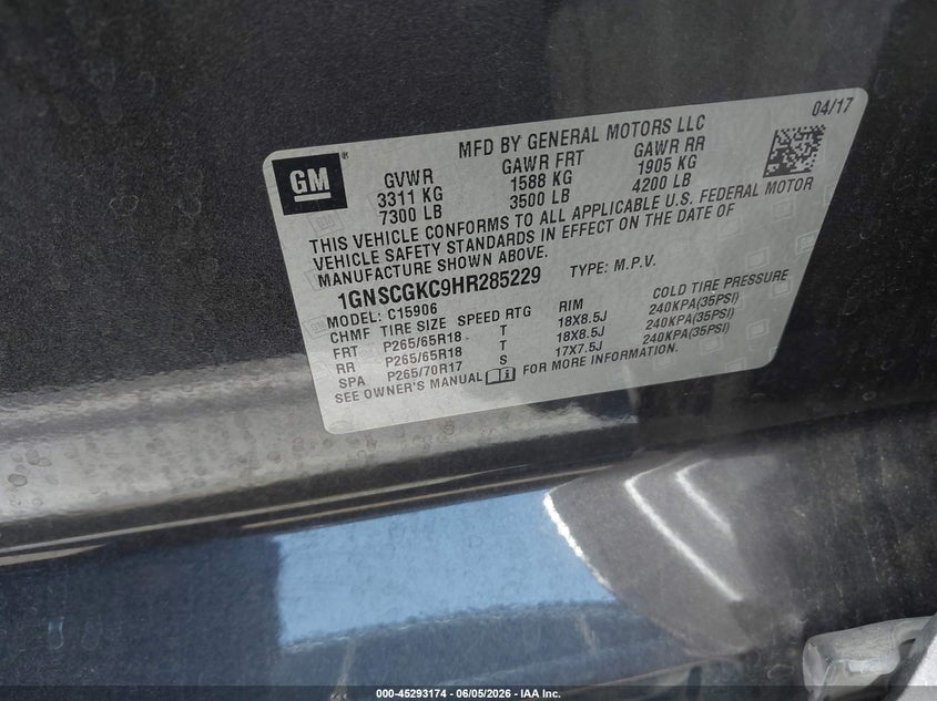2017 Chevrolet Suburban VIN 1GNSCGKC9HR285229 IAAI salvage auction — REAR END, Salvage Title, sold $25 on 2026-07-24 (photo 9)