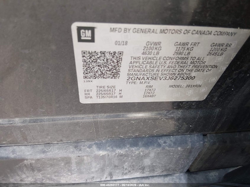 2018 Chevrolet Equinox VIN 2GNAXSEV3J6275300 IAAI salvage auction — FRONT END, Salvage (Minnesota), sold $2,200 on 2026-07-30 (photo 9)