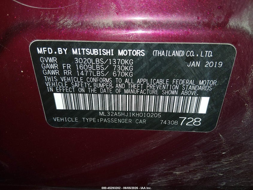 2019 Mitsubishi Mirage VIN ML32A5HJ1KH010205 IAAI salvage auction — FRONT END, Salvage Title, sold $500 on 2026-07-18 (photo 9)