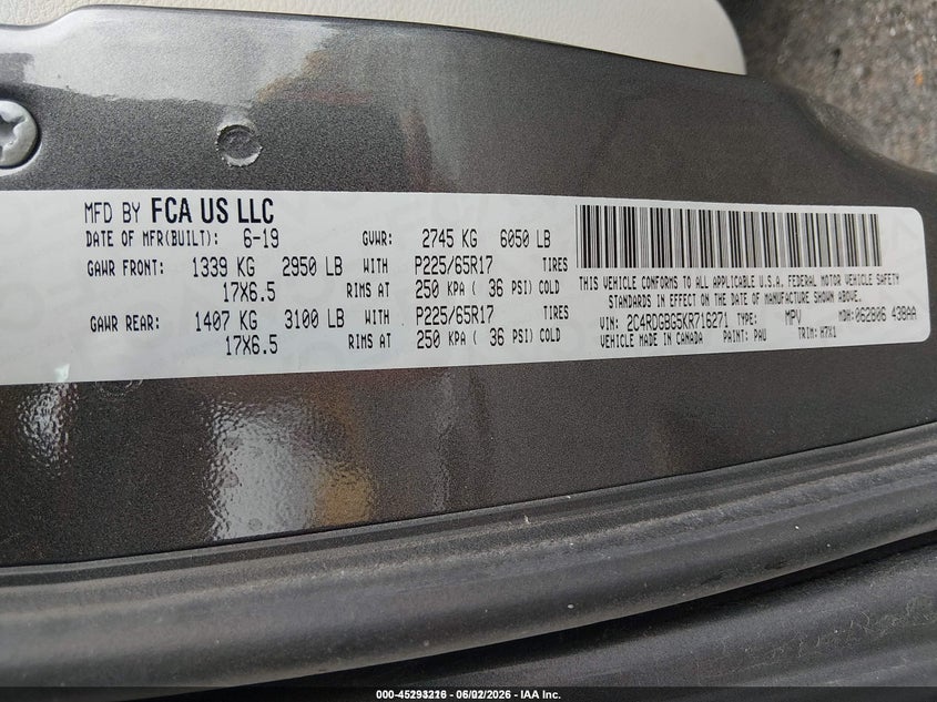 2019 Dodge Caravan VIN 2C4RDGBG5KR716271 IAAI salvage auction — NORMAL WEAR, Sf97 (Washington), sold $6,600 on 2026-07-09 (photo 9)