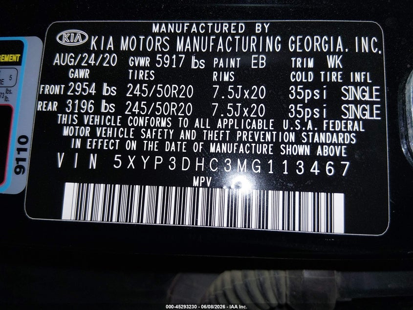 2021 Kia Telluride VIN 5XYP3DHC3MG113467 IAAI salvage auction — FRONT END, Salvage Title, sold $5,100 on 2026-07-16 (photo 9)
