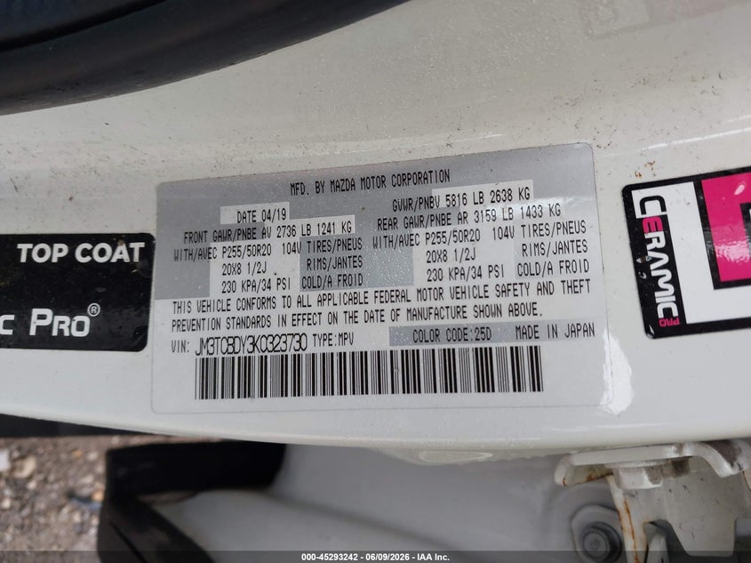 2019 Mazda Cx-9 VIN JM3TCBDY3K0323730 IAAI salvage auction — FRONT END, Salvage Title, sold $4,000 on 2026-07-23 (photo 9)