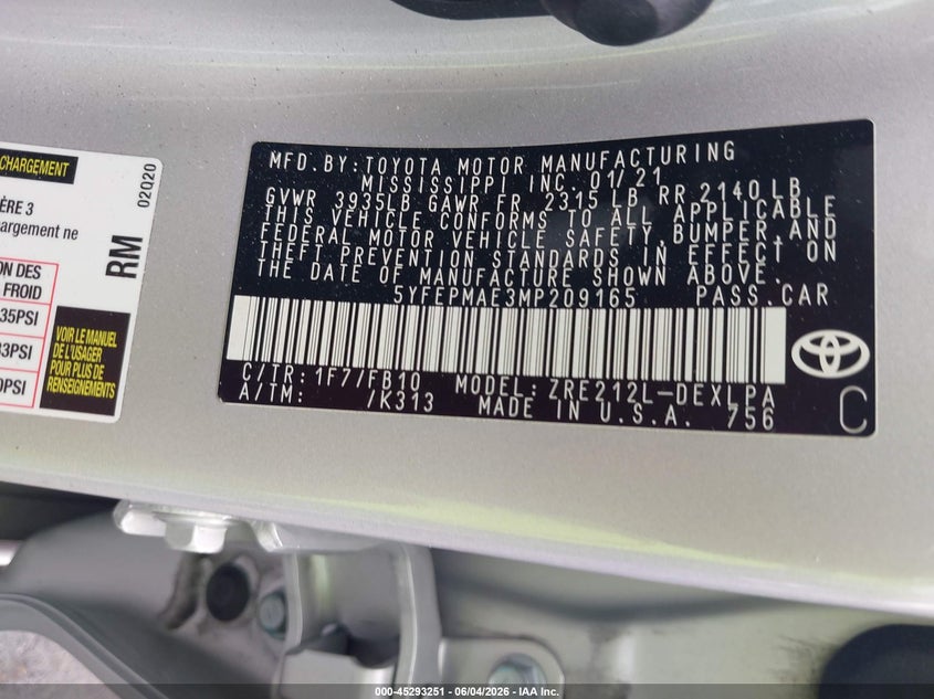 2021 Toyota Corolla VIN 5YFEPMAE3MP209165 IAAI salvage auction — FRONT END, Salvage Title, sold $3,550 on 2026-07-23 (photo 9)