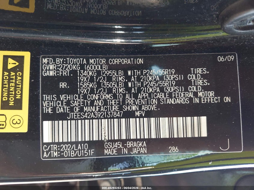 2009 Toyota Highlander VIN JTEES42A392137847 IAAI salvage auction — RIGHT FRONT, Clear (Indiana), sold $2,050 on 2026-07-16 (photo 9)