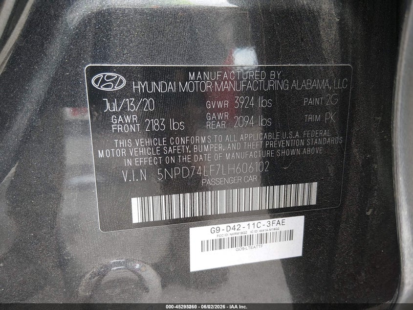 2020 Hyundai Elantra VIN 5NPD74LF7LH606102 IAAI salvage auction — NORMAL WEAR, Sf97 (Washington), sold $9,400 on 2026-07-09 (photo 9)