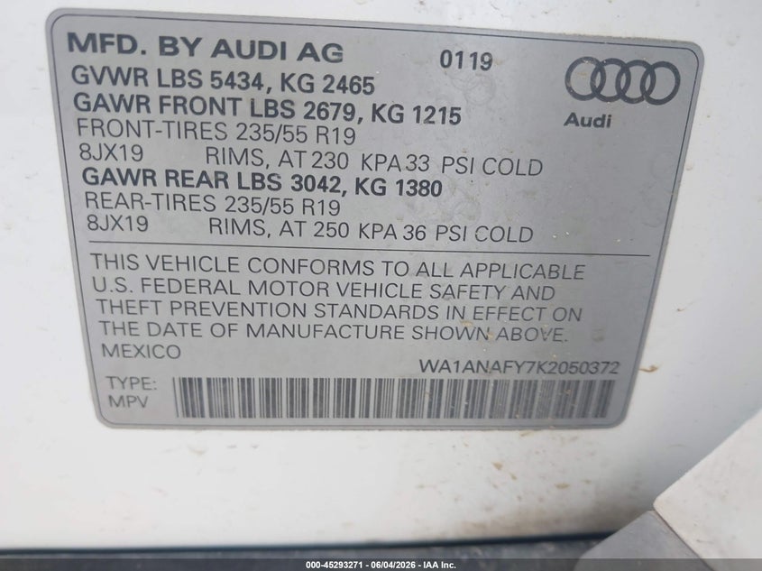2019 Audi Q5 VIN WA1ANAFY7K2050372 IAAI salvage auction — FRONT END, Salvage Title, sold $6,500 on 2026-07-28 (photo 9)