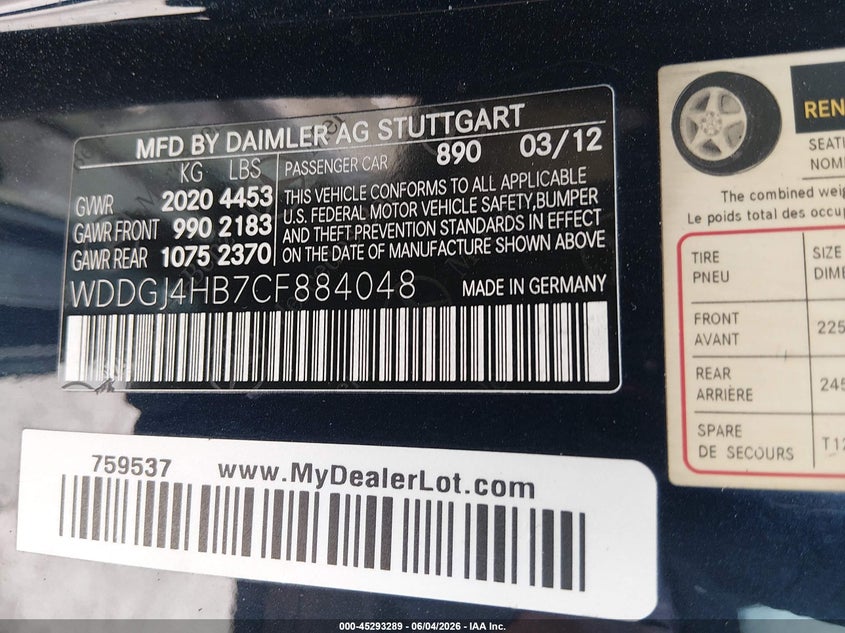 2012 Mercedes-benz C-klasse VIN WDDGJ4HB7CF884048 IAAI salvage auction — NORMAL WEAR, Original (Texas), sold $875 on 2026-07-20 (photo 9)