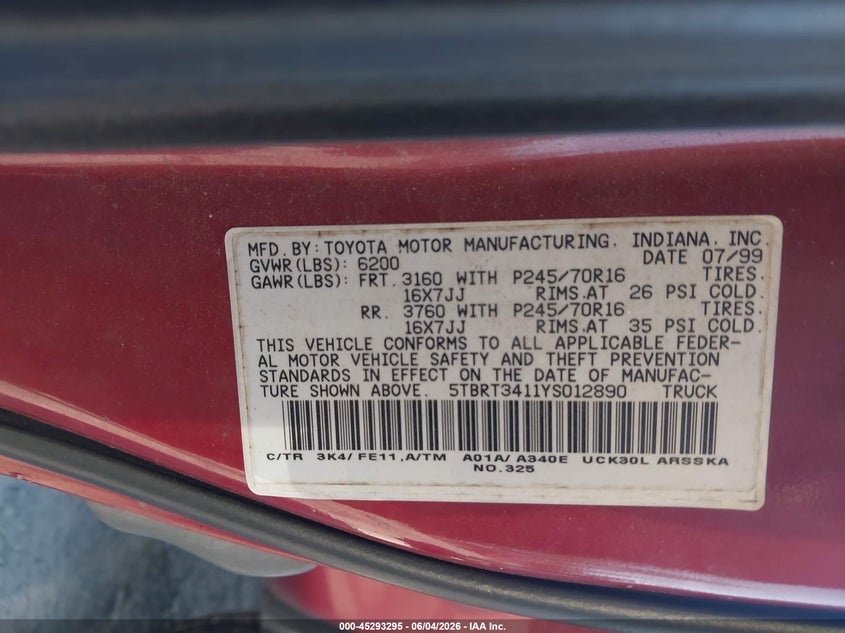 2000 Toyota Tundra VIN 5TBRT3411YS012890 IAAI salvage auction — FRONT END, Salvage (South Carolina), sold $650 on 2026-07-15 (photo 9)