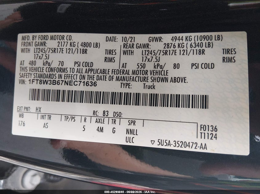2022 Ford VIN 1FT8W3B67NEC71636 IAAI salvage auction — NORMAL WEAR, Sf97 (Washington), sold $23,600 on 2026-07-09 (photo 9)