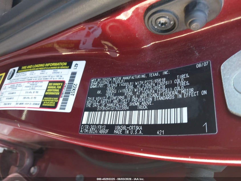 2007 Toyota Tundra VIN 5TFBV54137X023994 IAAI salvage auction — NORMAL WEAR, Clear-Endorsement (Wisconsin), sold $2,100 on 2026-07-07 (photo 9)