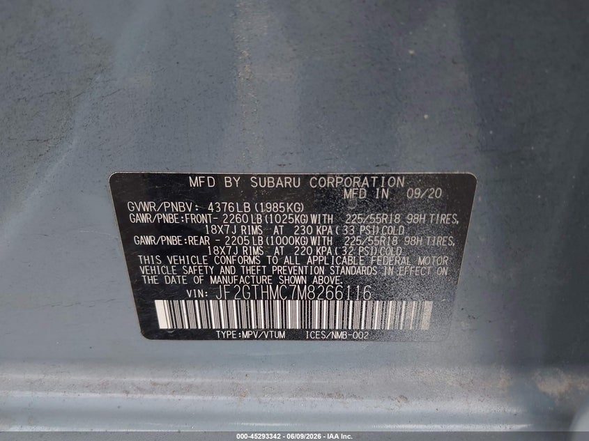 2021 Subaru Xv VIN JF2GTHMC7M8266116 IAAI salvage auction — RIGHT SIDE, Salvage Title, sold $5,150 on 2026-07-09 (photo 9)