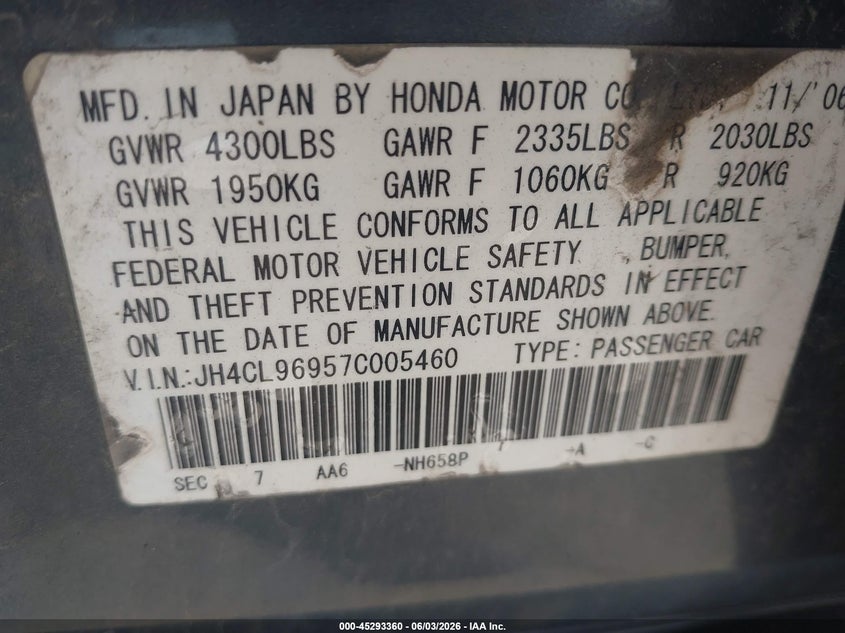 2007 Acura Tsx VIN JH4CL96957C005460 IAAI salvage auction — NORMAL WEAR, Clear (Utah), sold $450 on 2026-07-09 (photo 9)