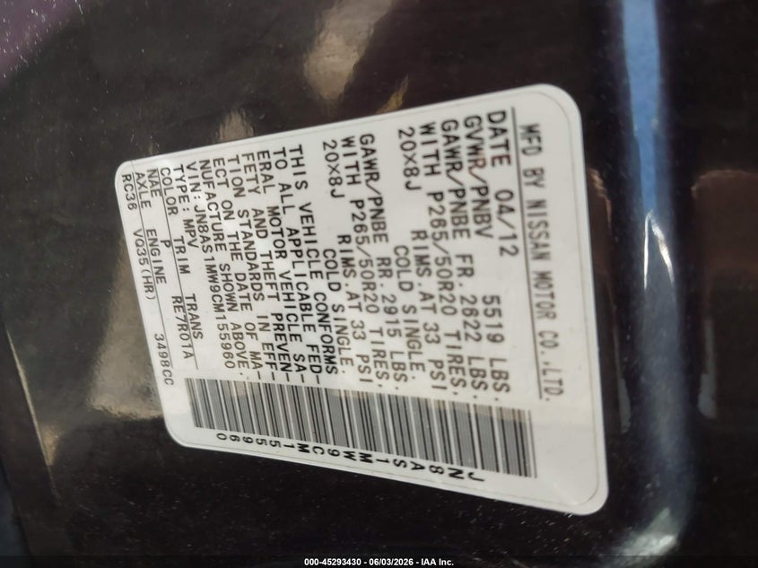 2012 Infiniti Fx VIN JN8AS1MW9CM155960 IAAI salvage auction — RIGHT SIDE, Salvage (Massachusetts), sold $825 on 2026-07-10 (photo 9)