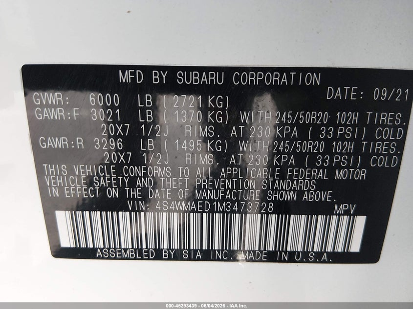 2021 Subaru Ascent VIN 4S4WMAED1M3473728 IAAI salvage auction — FRONT END, Salvage Title, sold $4,450 on 2026-07-24 (photo 9)