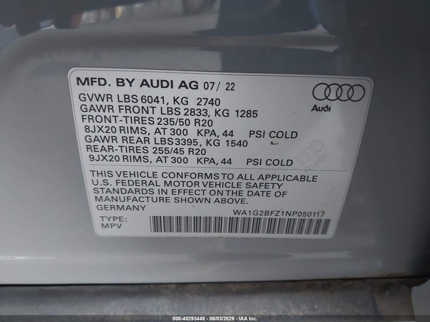 2022 Audi Q4 e-tron VIN WA1G2BFZ1NP050117 IAAI salvage auction — ROOF, Salvage (California), sold $10,800 on 2026-08-16 (photo 9)