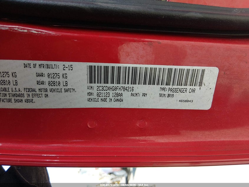 2015 Dodge Charger VIN 2C3CDXHG0FH784216 IAAI salvage auction — RIGHT REAR, Salvage Title, sold $1,675 on 2026-07-09 (photo 9)