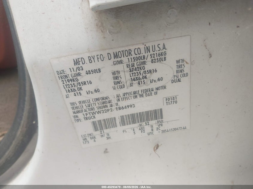 2004 Ford F-350 VIN 1FTWW32P24EB64993 IAAI salvage auction — ENGINE DAMAGE, Original (Texas), sold $250 on 2026-07-09 (photo 8)