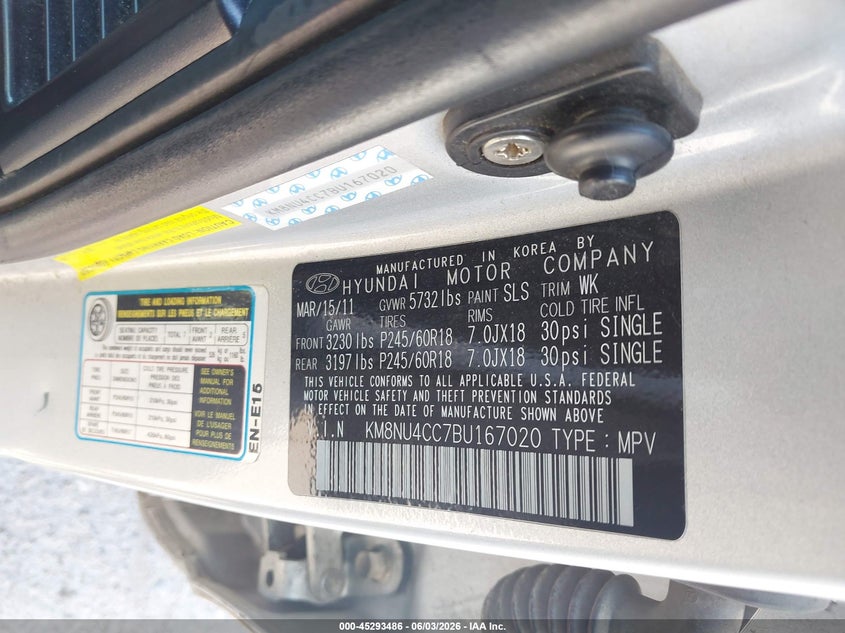 2011 Hyundai Veracruz VIN KM8NU4CC7BU167020 IAAI salvage auction — LEFT SIDE, Salvage (Texas), sold $750 on 2026-07-07 (photo 9)